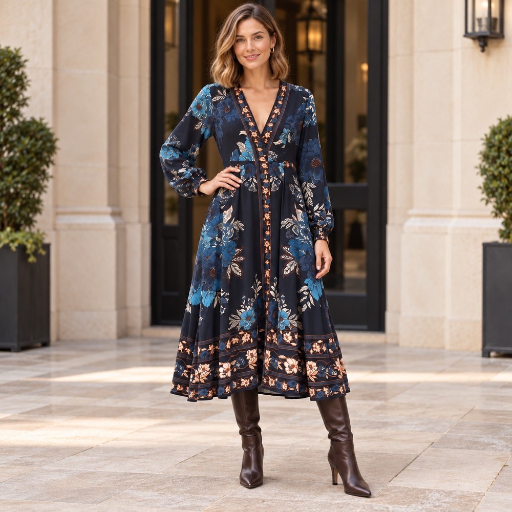 Caroline Constas New York Navy Blue Floral Button Front Midi Dress M NWT